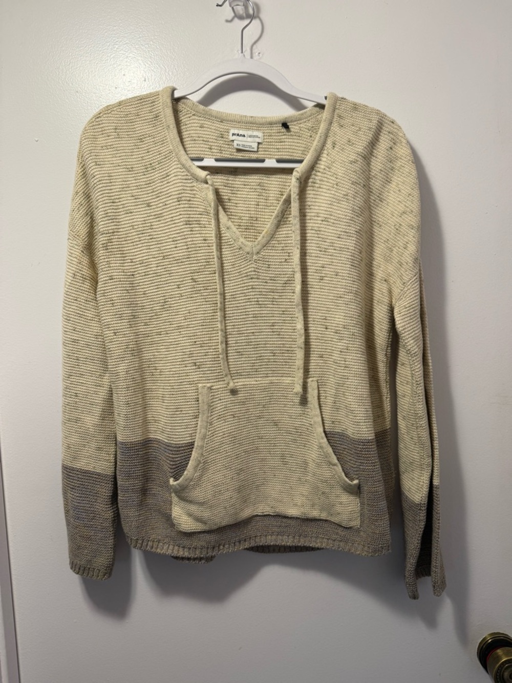 Prana Women's Cream & Taupe Knit V-Neck Hooded Sweater